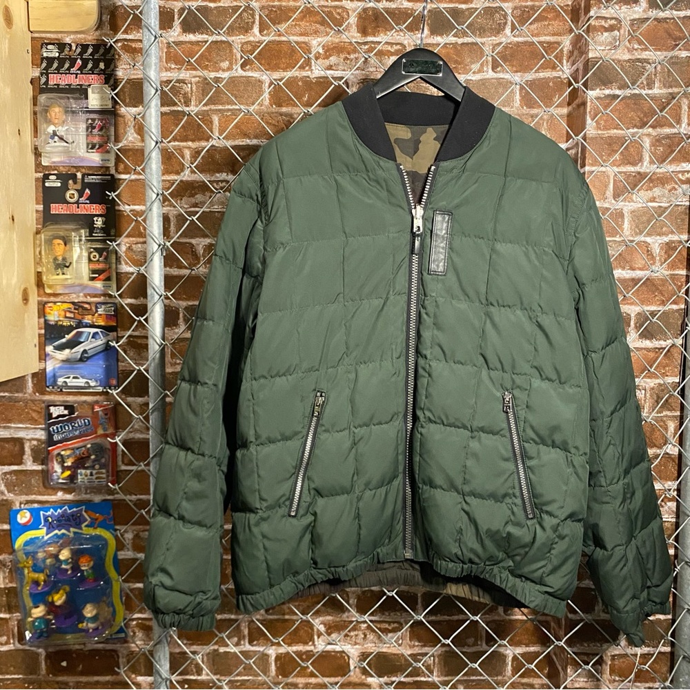 COACH reversible light duck down puffer bomber jacket, camouflage military green